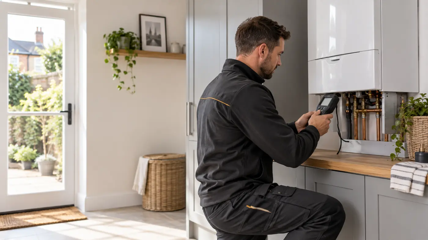 Heating engineer inspecting a domestic boiler